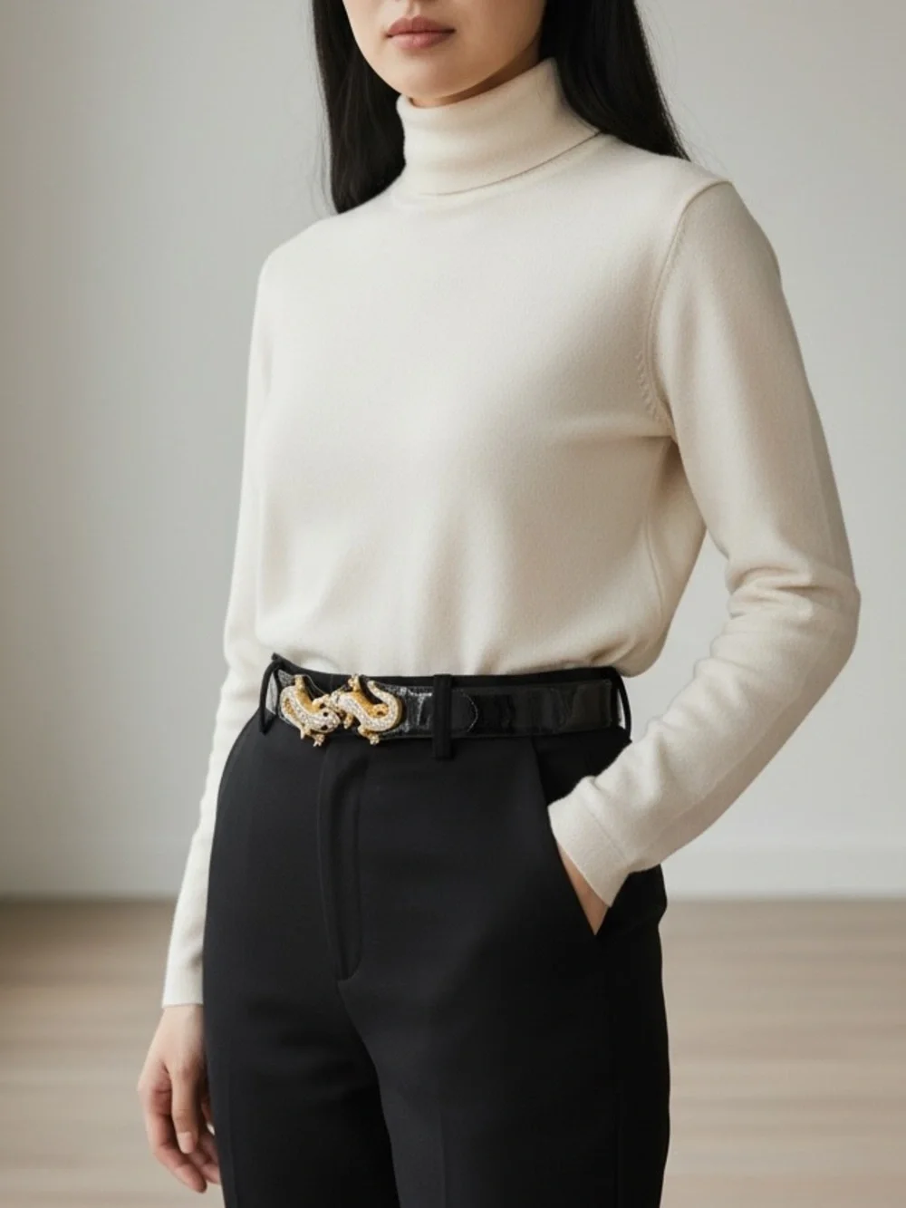 Judith Leiber Black Leather Belt with Gold Swarovski Crystal Lizard Buckle